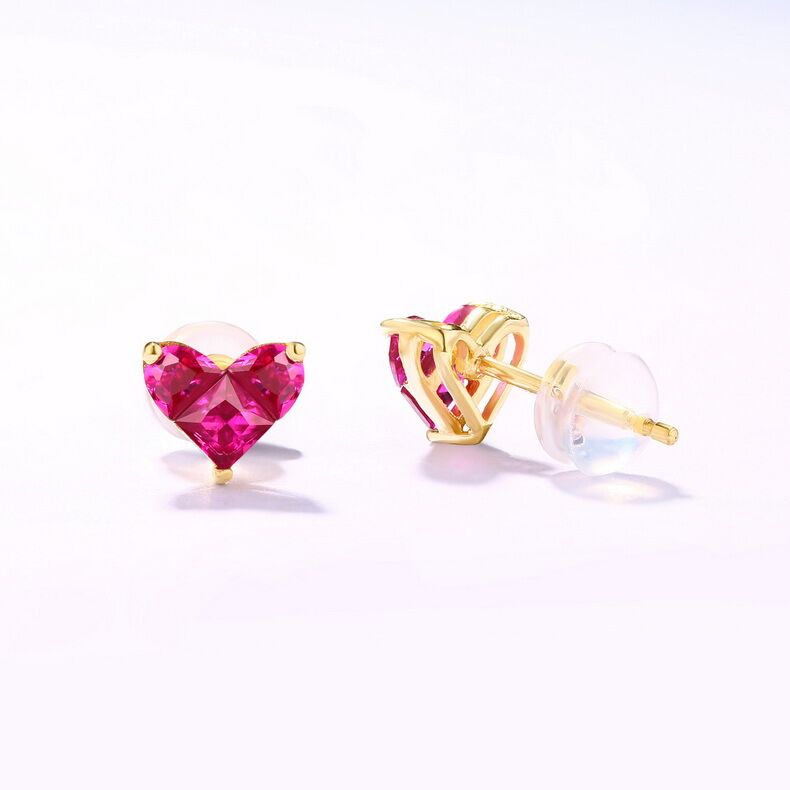 Ladies Classical Heart Shaped Red Corundum Earrings with 14k Yellow Gold